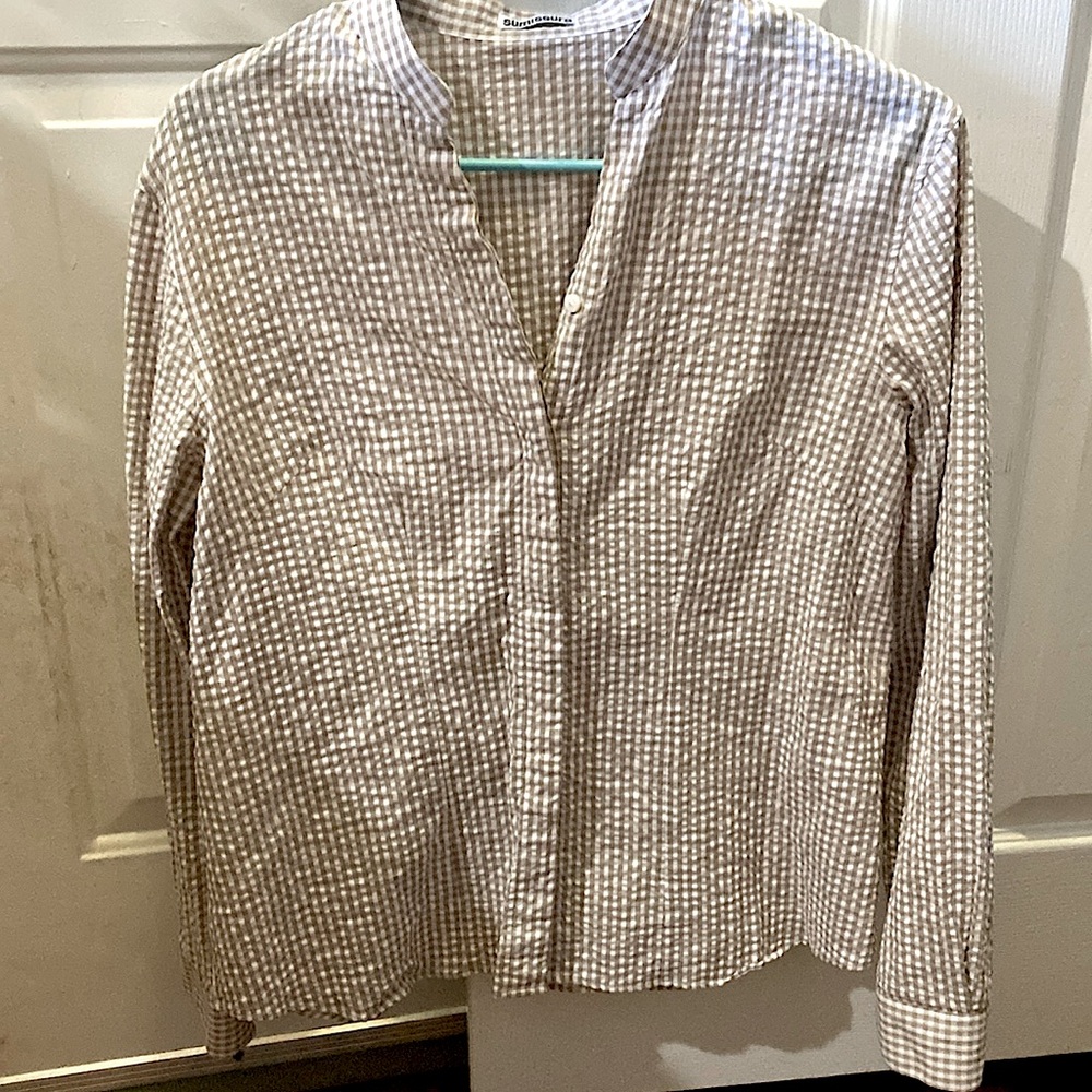 SUMISSURA custom made tan and white gingham button down 100% cotton. Outstanding